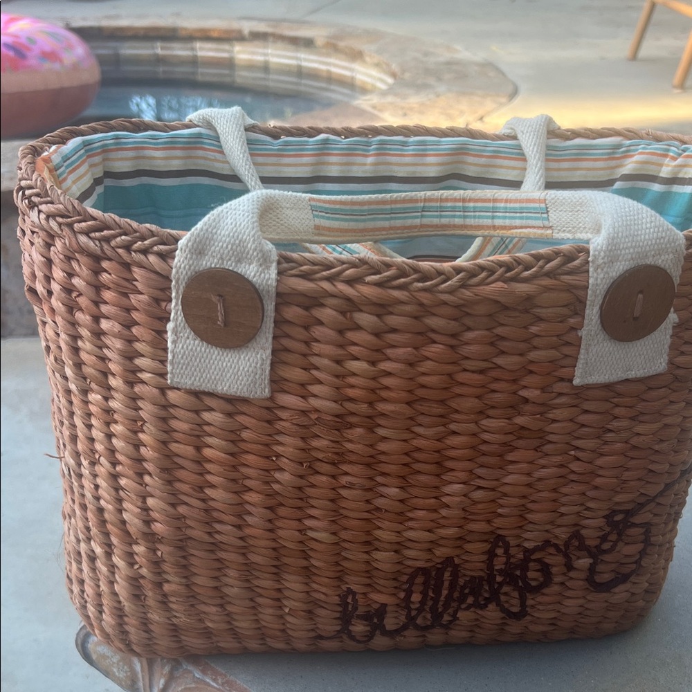 Billabong Natural Woven Straw Tote with Blue-Striped Lining